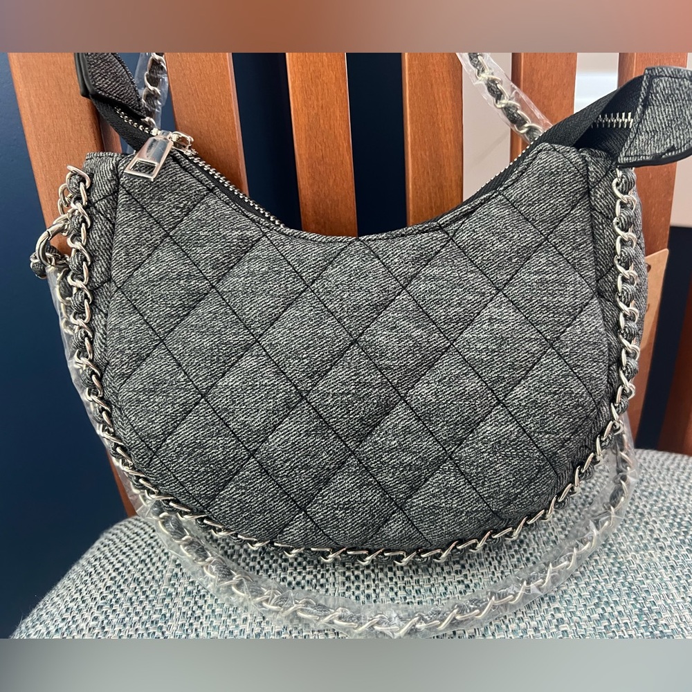 Quilted Gray Denim Chain Shoulder Bag